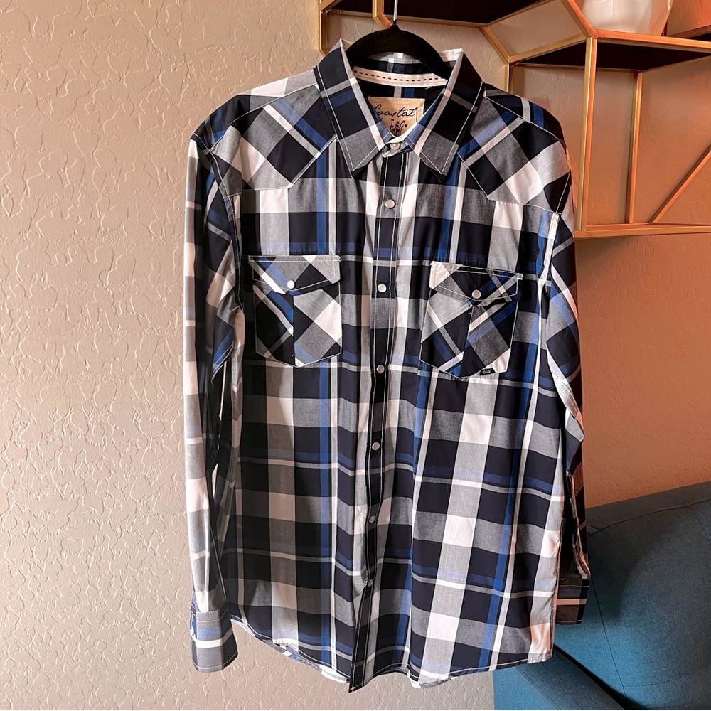 Coastal Blue Black Plaid Checkered Pearl Snap button Shirt mens size XL western